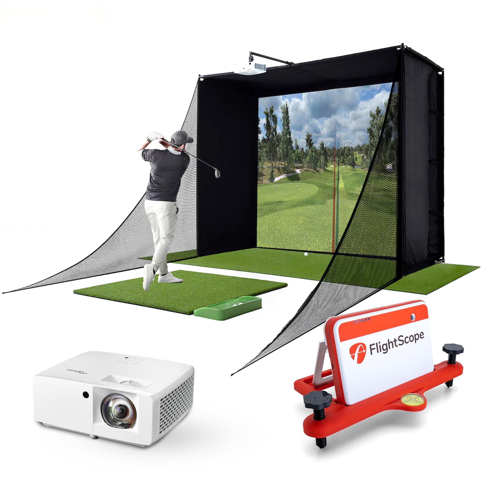 Flightscope Mevo+ Golf Simulator Package (with Impact Screen, Projector, Enclosure, Hitting Mat, Turf, and Side Nets)