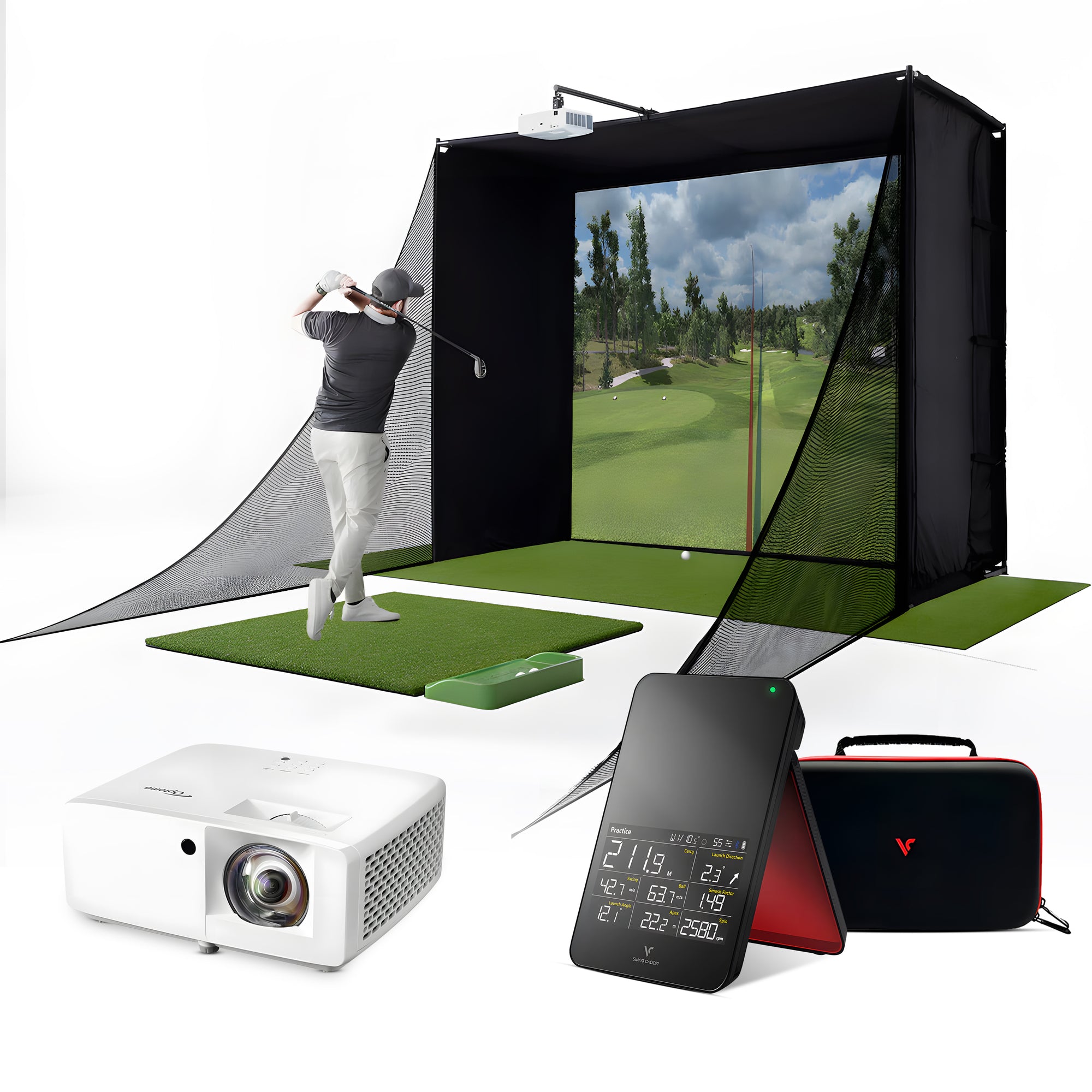 Swing Caddie SC4 Golf Simulator Package (with Impact Screen, Projector, Enclosure, Hitting Mat, Turf, and Side Nets)