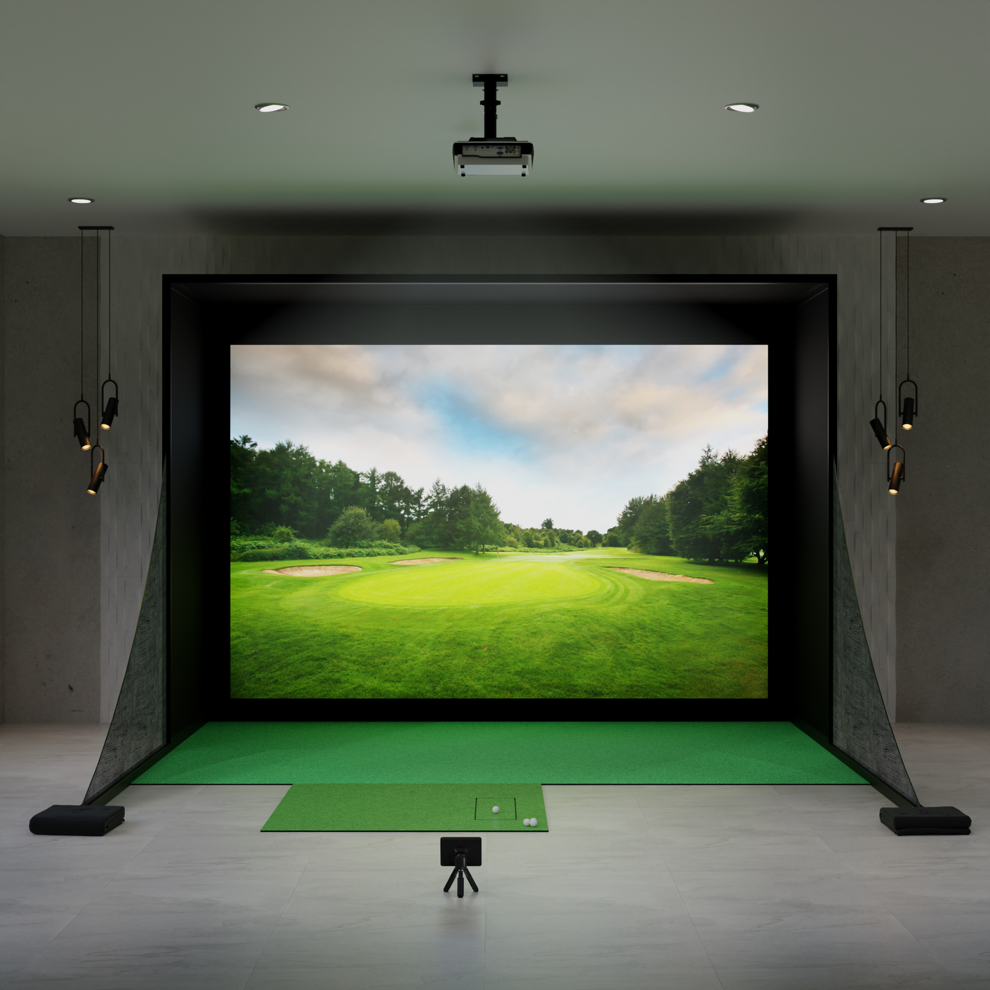 Garmin Approach R10 Golf Simulator Package (with Carl's Place DIY Enclosure, hitting mat, putting green, and BenQ Projector)