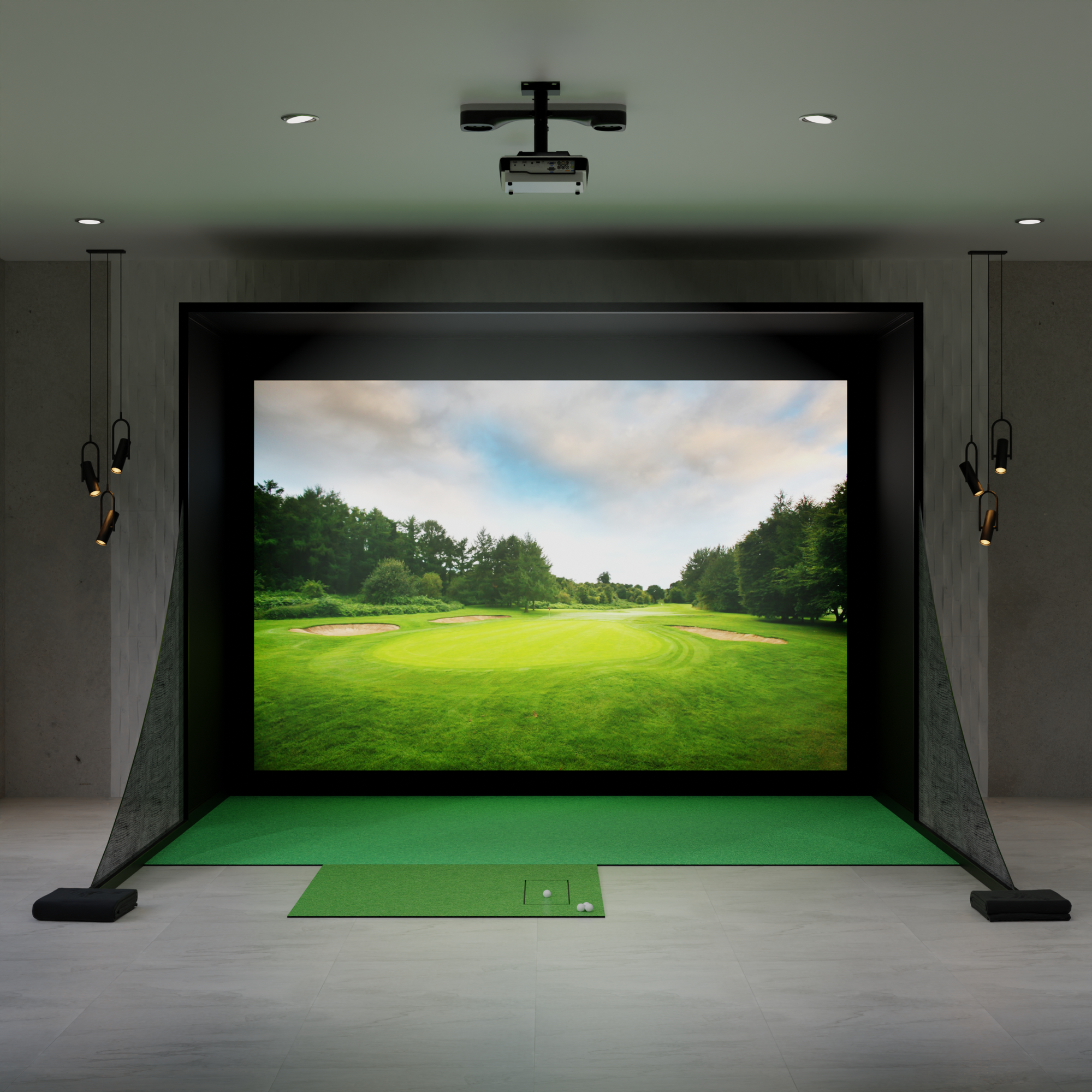 ProTee United VX Golf Simulator Package (with Carl's Place DIY Enclosure, hitting mat, putting green, and BenQ Projector)