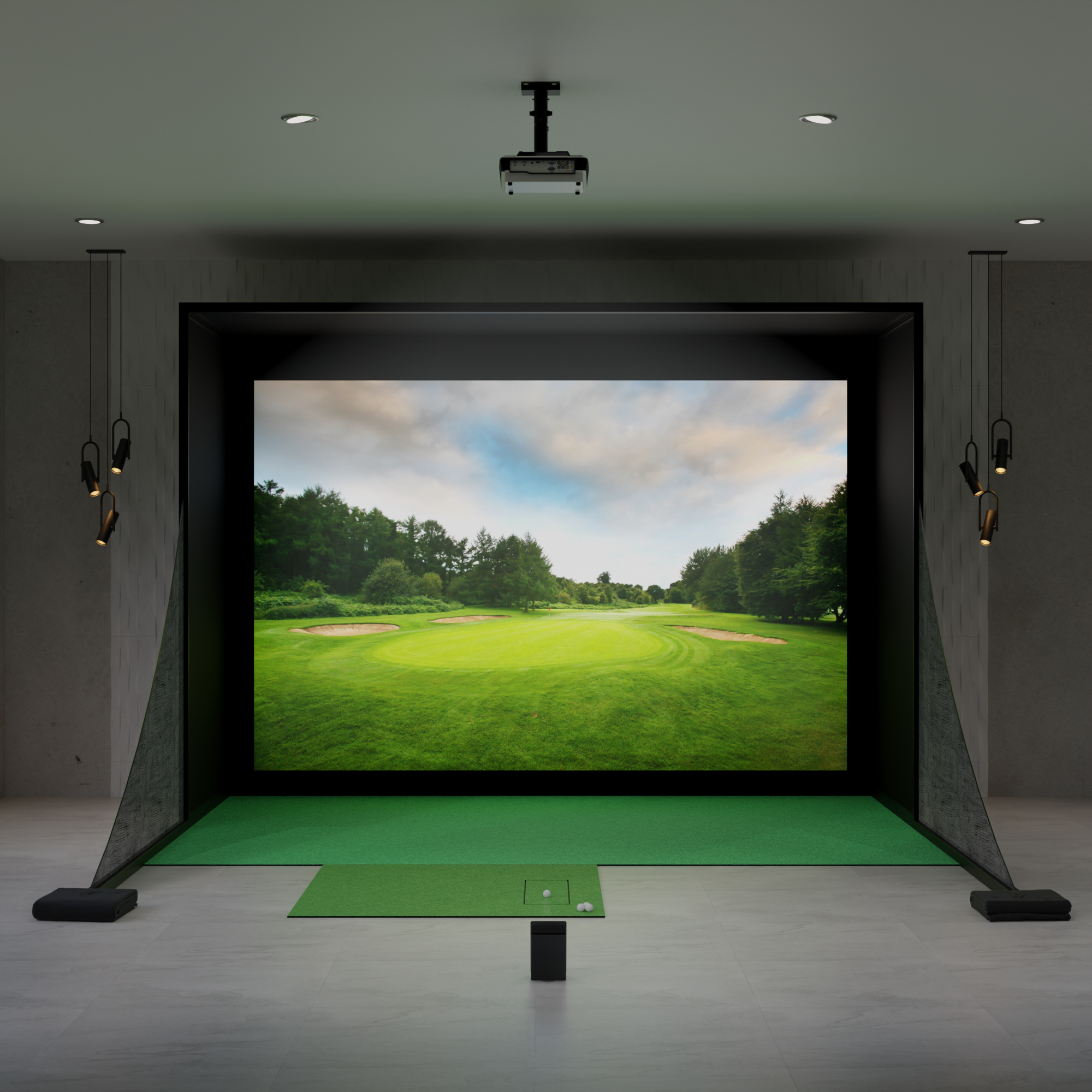 Swing Caddie SC4 Golf Simulator Package (with Carl's Place DIY Enclosure, hitting mat, putting green, and BenQ Projector)